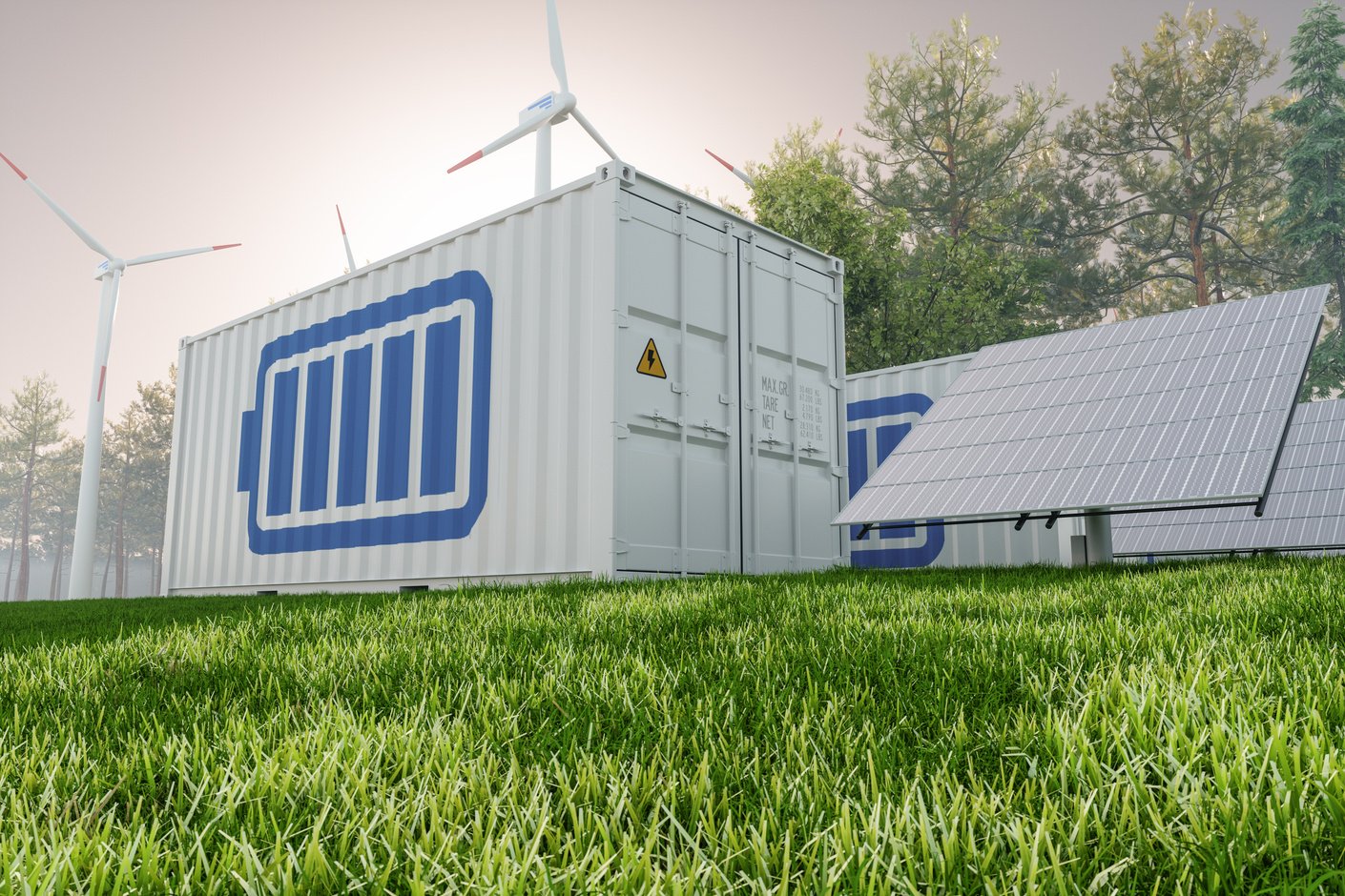 Solar Panel, wind turbines and Li-ion Battery Container With Blue Sky Background. Energy Storage System.